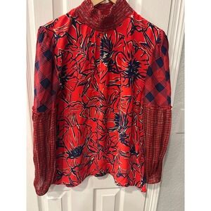 Blank London Red Navy Floral Plaid Smocked High Neck Blouse Medium